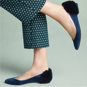 Anthropologie Fabio Rusconi Fur Heeled Flats Blue Suede Pointed Toe 6.5